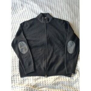 Gran Sasso 100% Cashmere Sweater Mock Neck Full Zip Elbow Patch Black Sz 56 XL